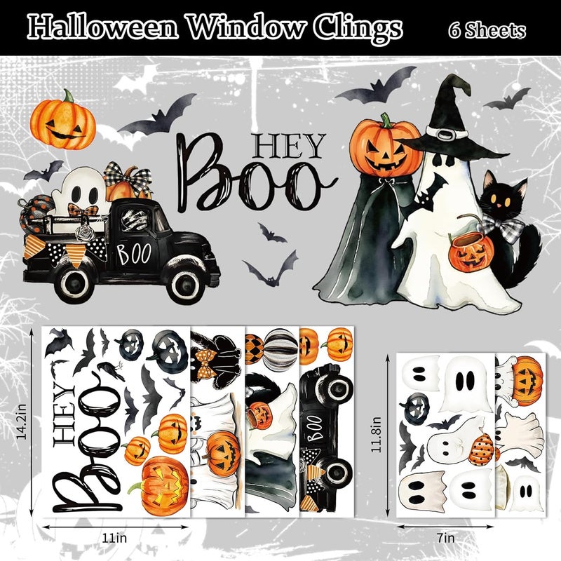 Whaline 6 Sheets Halloween Window Clings Vintage Hey Boo Ghost Evil Pumpkin Bat Reusable Window Decals for Spooky Holiday Haunted House Home Office School Glass Decor - Image 5
